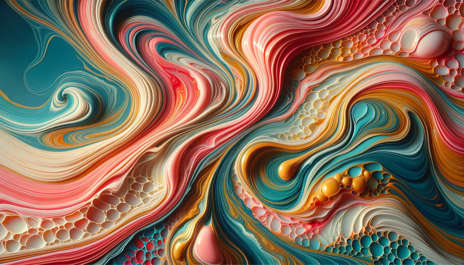 Œuvre abstraite fluide contemporaine aux courbes organiques et dégradés chromatiques créant un mouvement visuel dynamique