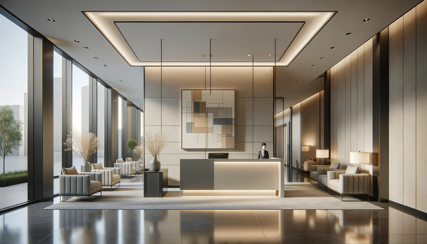 Œuvre abstraite géométrique aux tons neutres dans un cabinet d'avocats international moderne, composition minimaliste culturellement inclusive