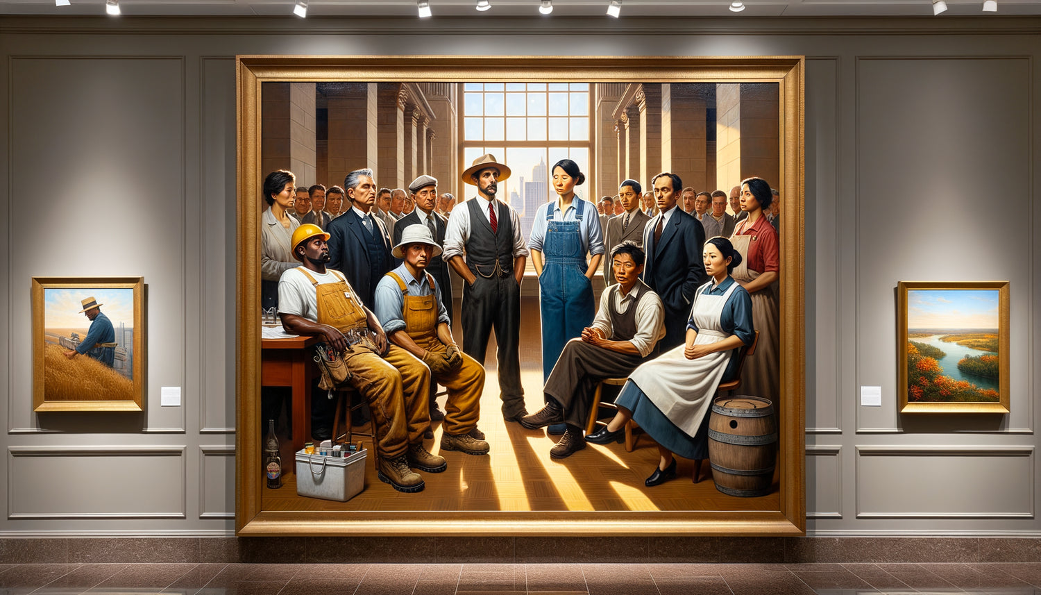 Peinture figurative contemporaine représentant divers travailleurs avec dignité dans un cabinet de droit du travail
