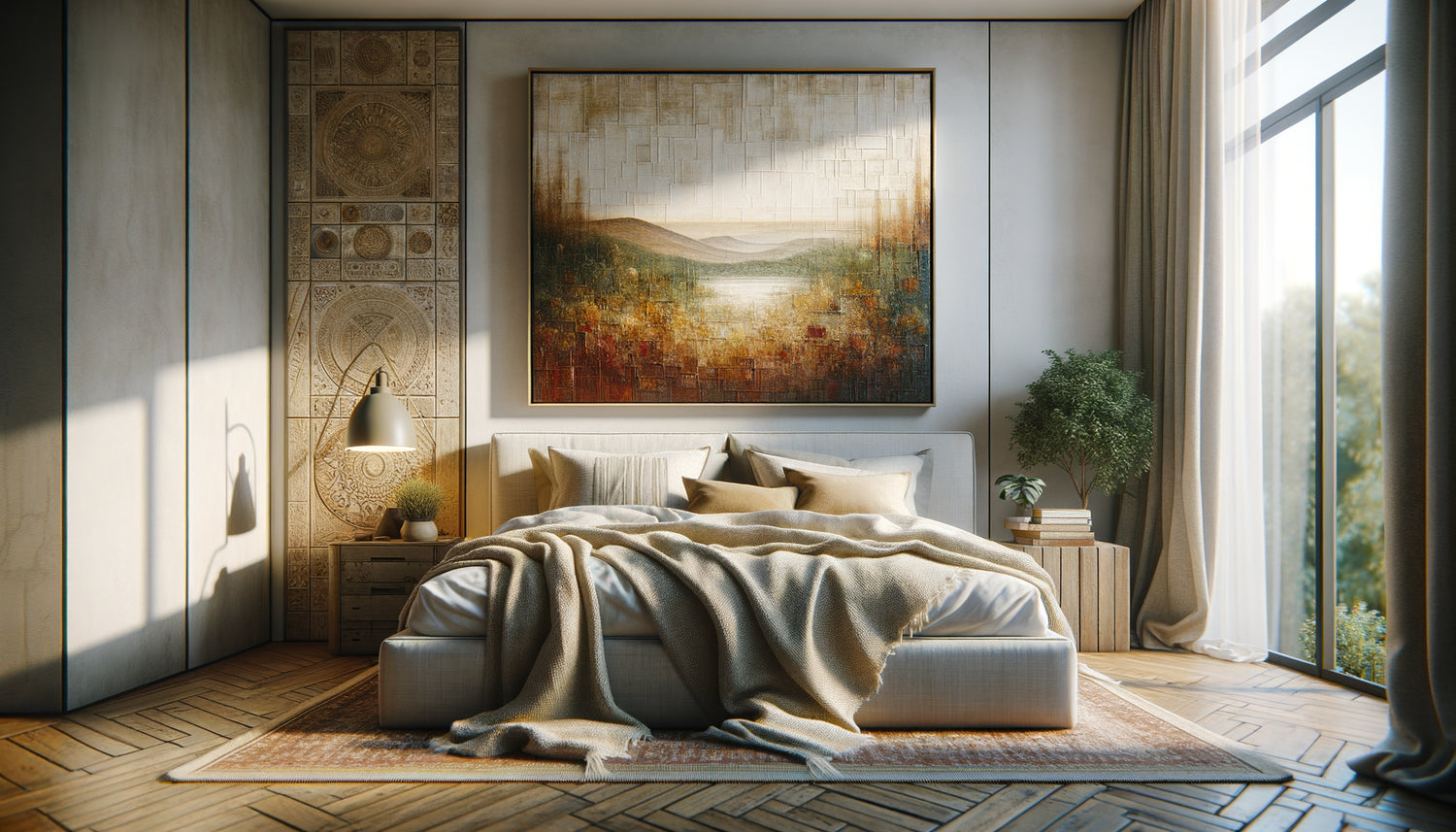 Chambre contemporaine décorée avec une œuvre d'art local artisanale unique au-dessus du lit