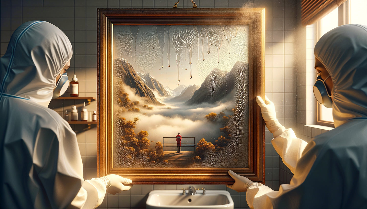 Œuvre d'art encadrée dans environnement humide avec vapeur et condensation, test de résistance à l'humidité et chaleur