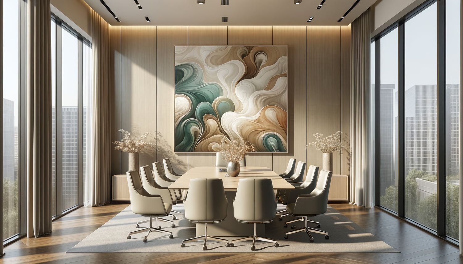 Salle de réunion professionnelle moderne avec œuvre d'art abstraite aux tons neutres apaisants sur le mur