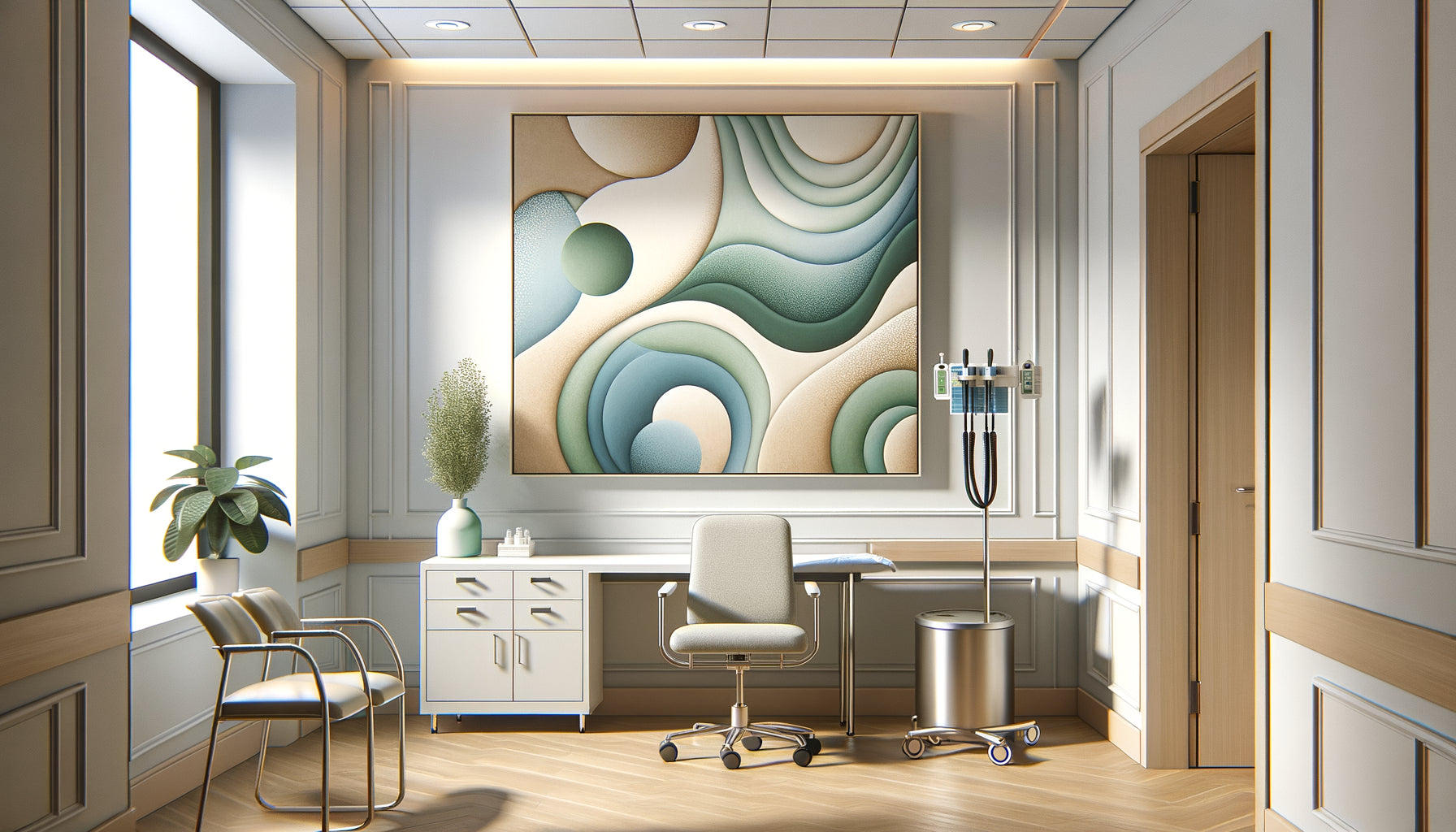 Œuvre d'art thérapeutique aux formes abstraites apaisantes, spécifiquement conçue pour environnement médical avec surface hygiénique