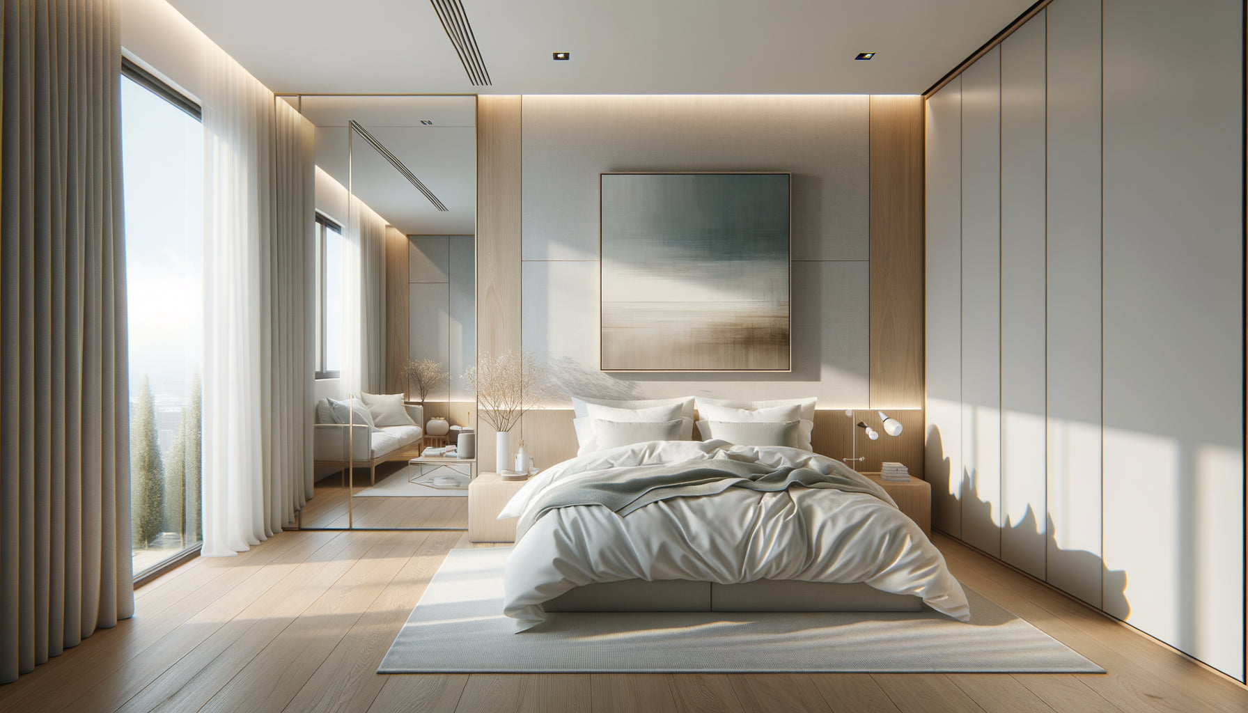 Chambre moderne avec œuvre d'art grand format créant profondeur et respiration dans espace moyen