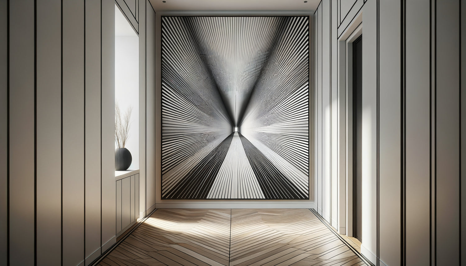 Couloir moderne avec œuvre à lignes de fuite créant une illusion de profondeur spectaculaire