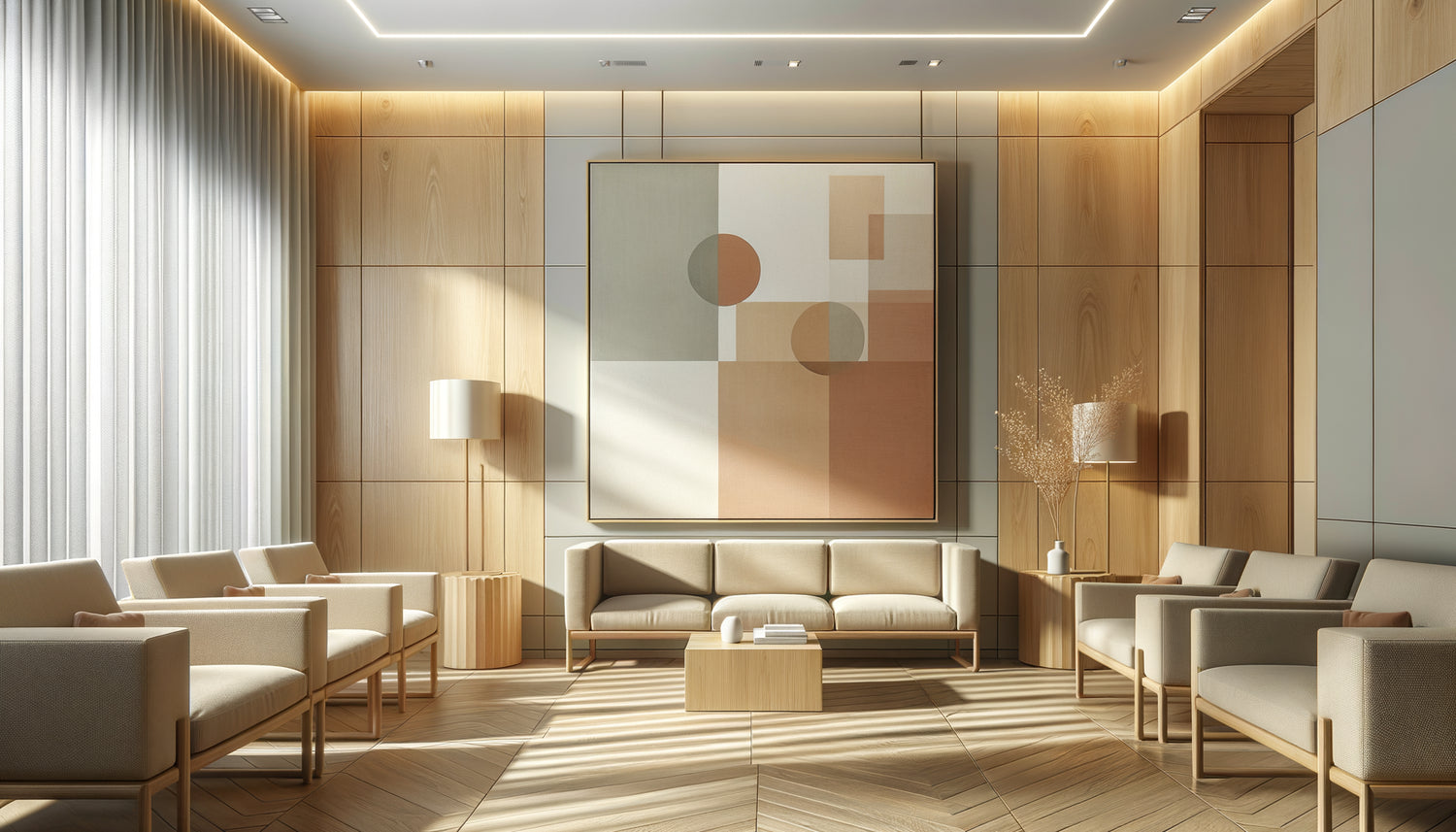 Salle d'attente professionnelle avec œuvre minimaliste abstraite aux tons beiges créant une ambiance apaisante et rassurante