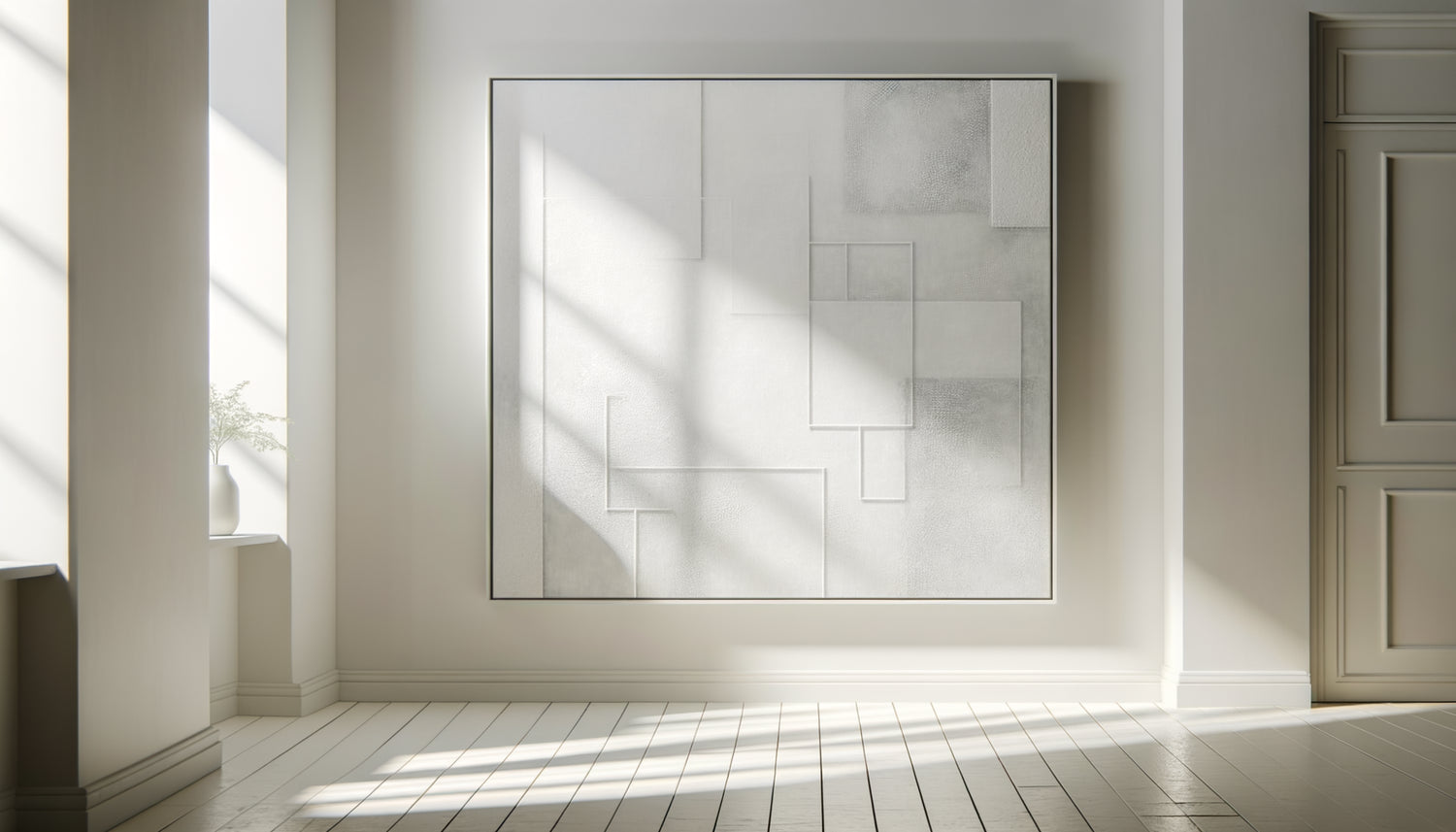 Œuvre monochrome blanche minimaliste dans intérieur épuré, révélant textures subtiles et ambiance apaisante mais austère
