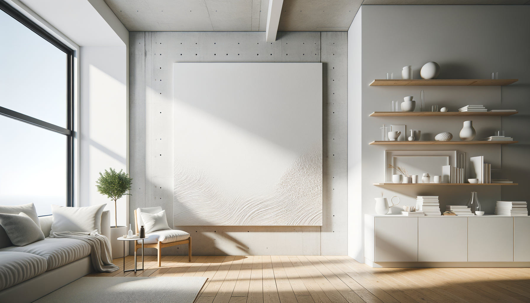 Studio minimaliste contemporain avec grande toile monochrome blanche texturée amplifiant la lumière naturelle