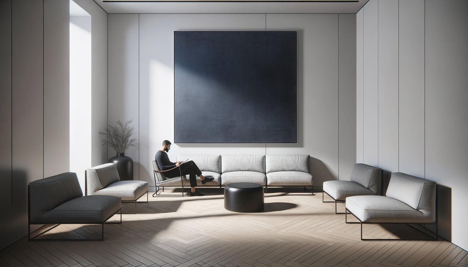 Salle d'attente contemporaine avec grande toile monochrome bleue créant une atmosphère apaisante et contemplative