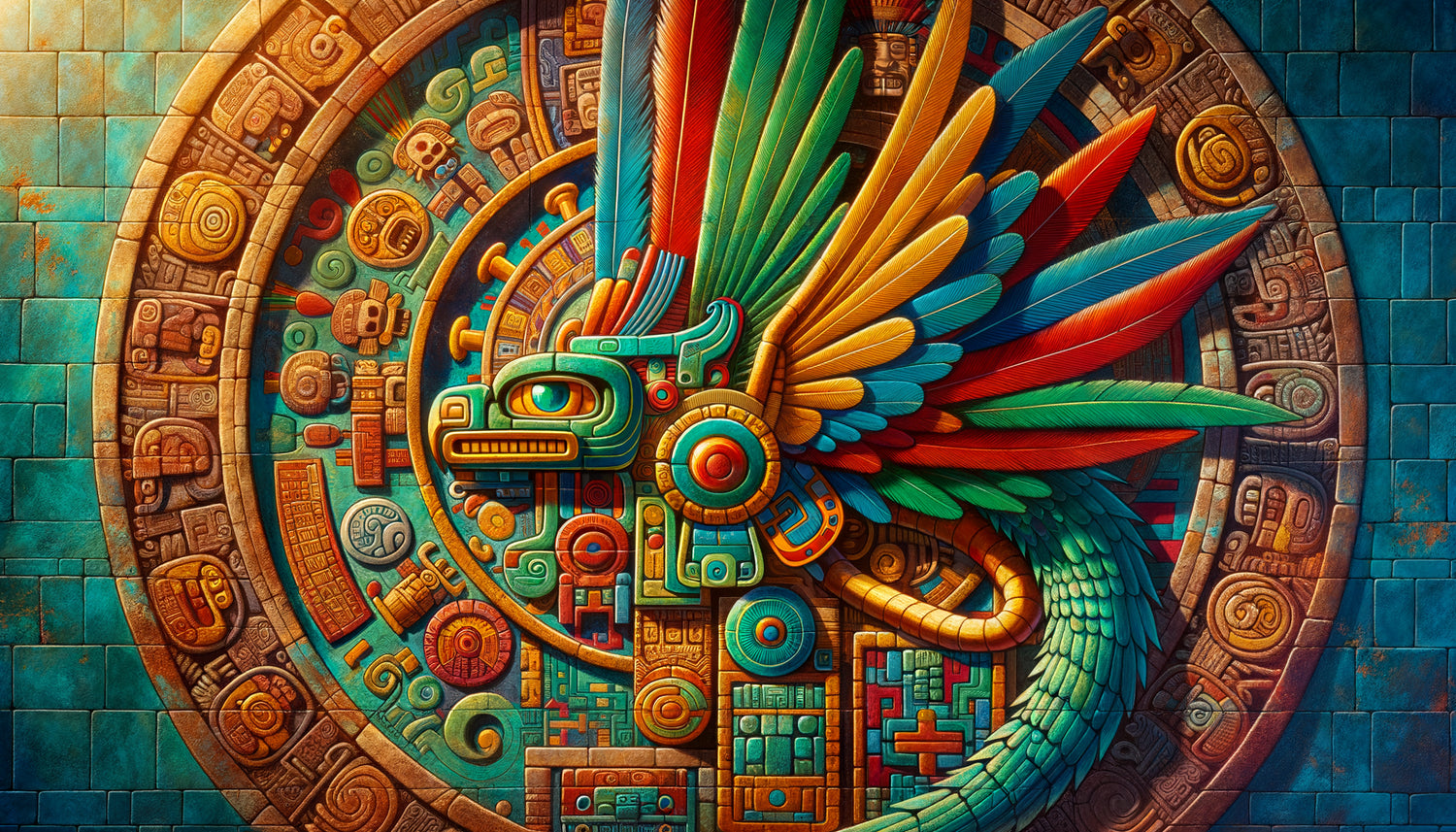 Détail de fresque murale aztèque aux pigments éclatants protégée par vitrage anti-UV, iconographie mythologique précolombienne