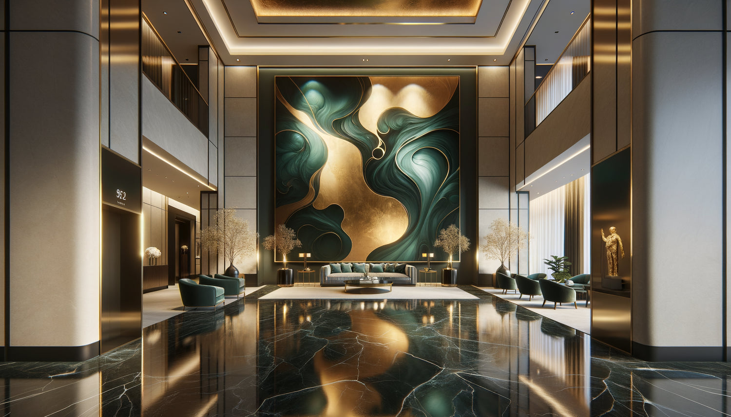 Œuvre murale contemporaine grand format dans un hall d'hôtel de luxe avec éclairage professionnel