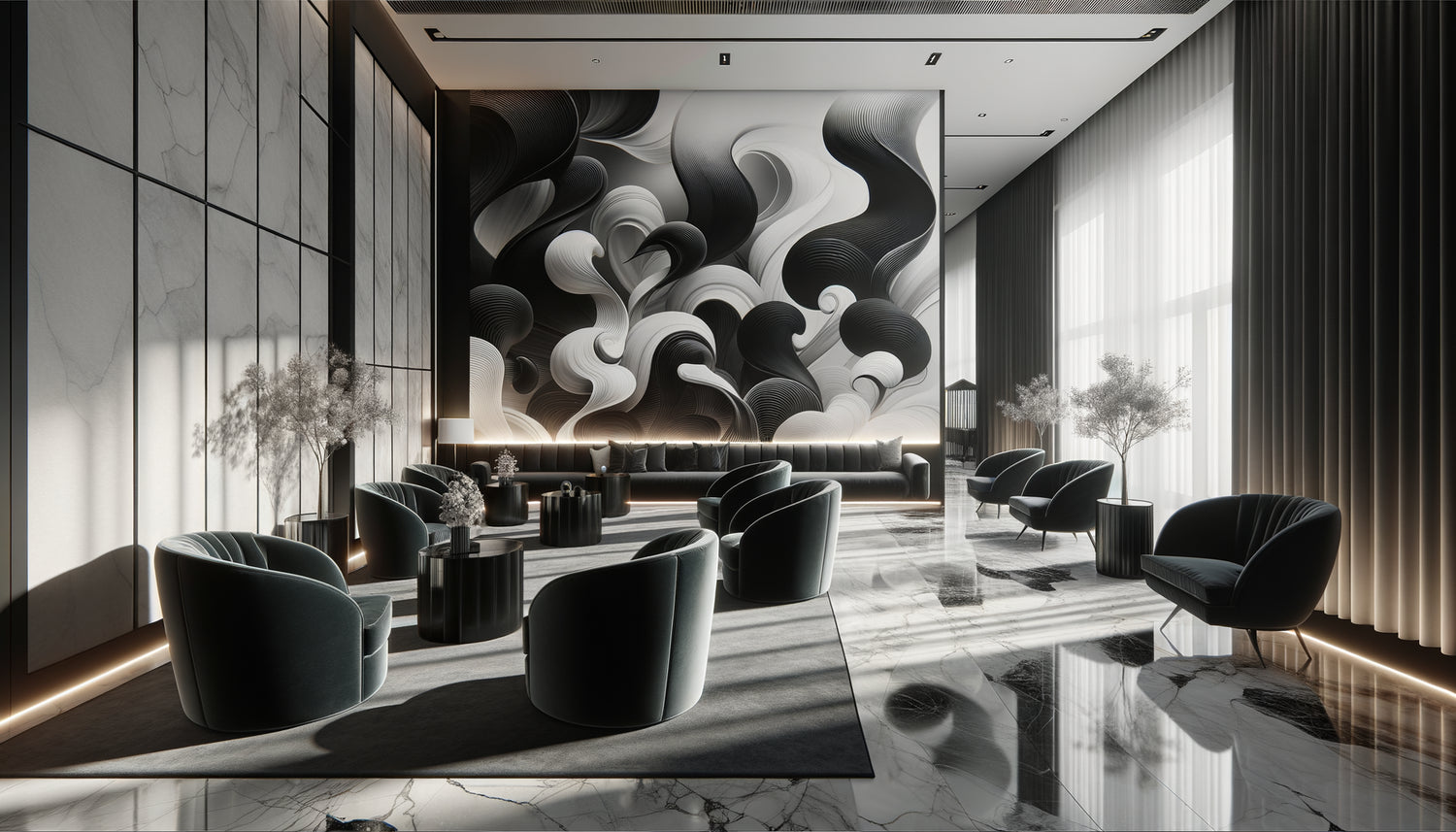 Lobby d'hôtel de charme contemporain avec grande œuvre murale monochrome noir et blanc créant une atmosphère sophistiquée et élégante