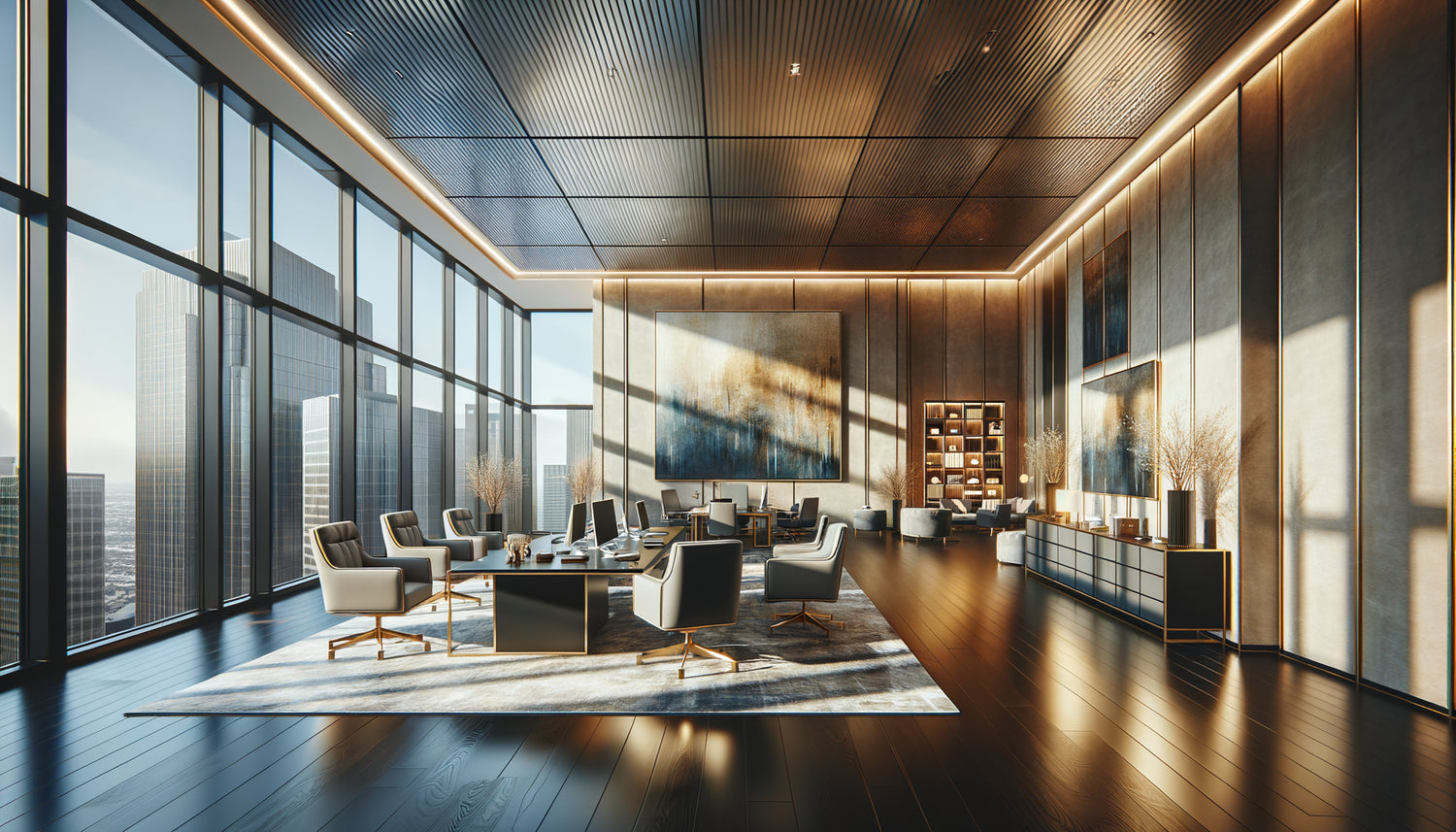 Espace professionnel haut de gamme avec œuvre d'art originale authentique mise en valeur, illustrant l'investissement culturel corporate