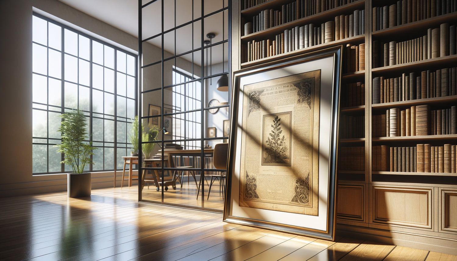 Œuvre sur papier encadrée dans un bureau-bibliothèque montrant les reflets problématiques de la lumière naturelle sur le verre