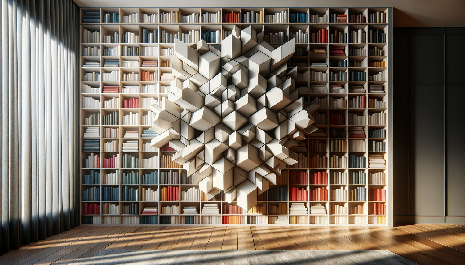 Bibliothèque contemporaine avec œuvre sculpturale en relief créant profondeur et respiration visuelle entre les livres