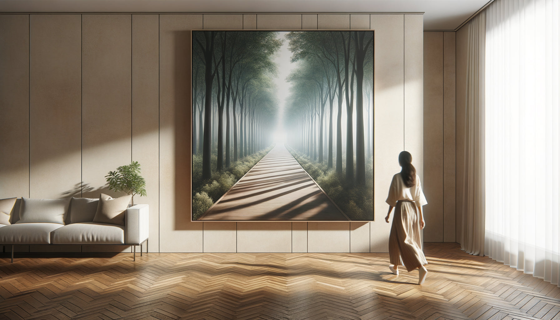 Couloir moderne avec œuvre photographique représentant un sentier en perspective créant une illusion de profondeur visuelle