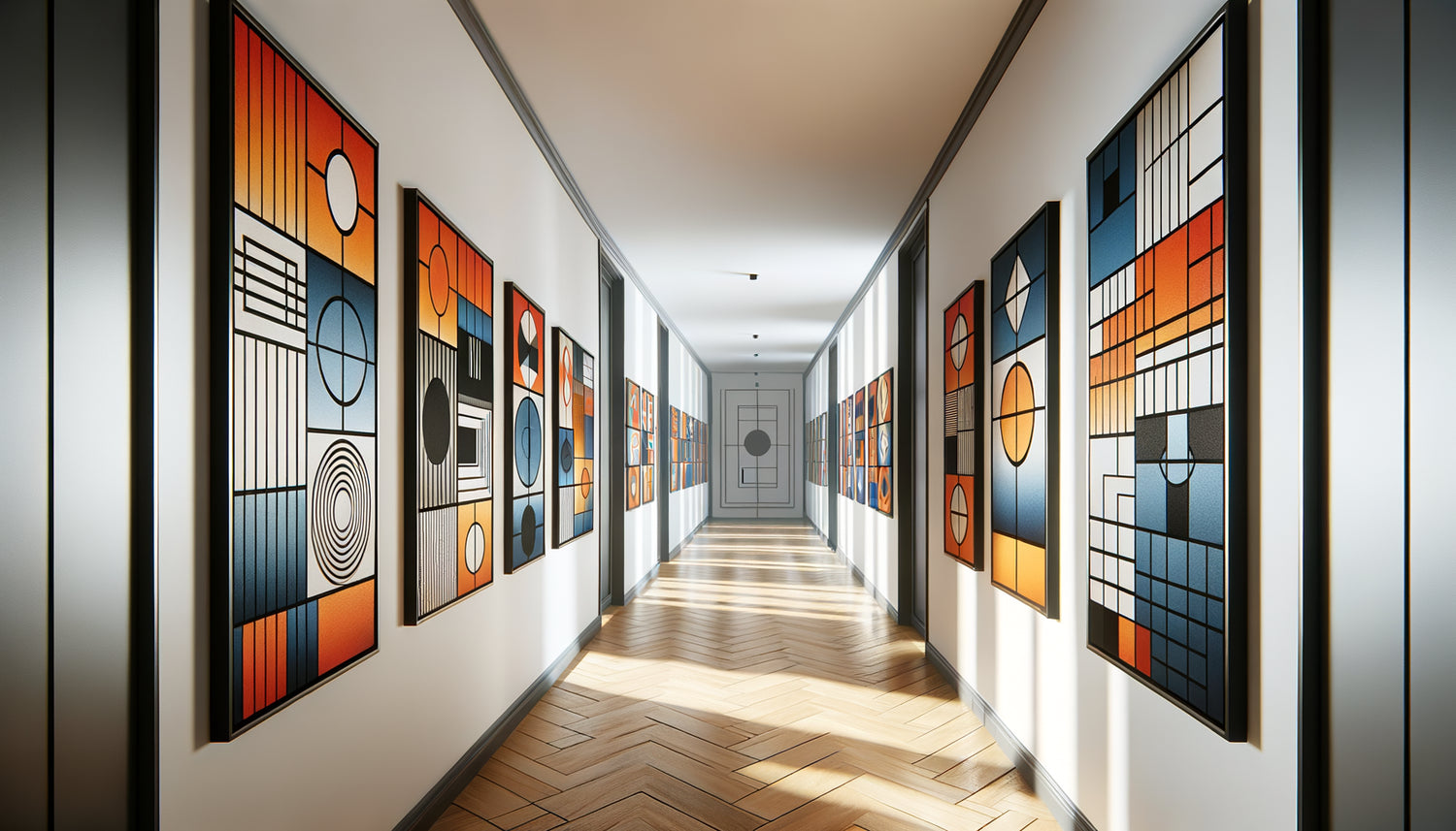 Couloir moderne avec série d'œuvres abstraites géométriques colorées créant un rythme visuel dynamique sur mur blanc