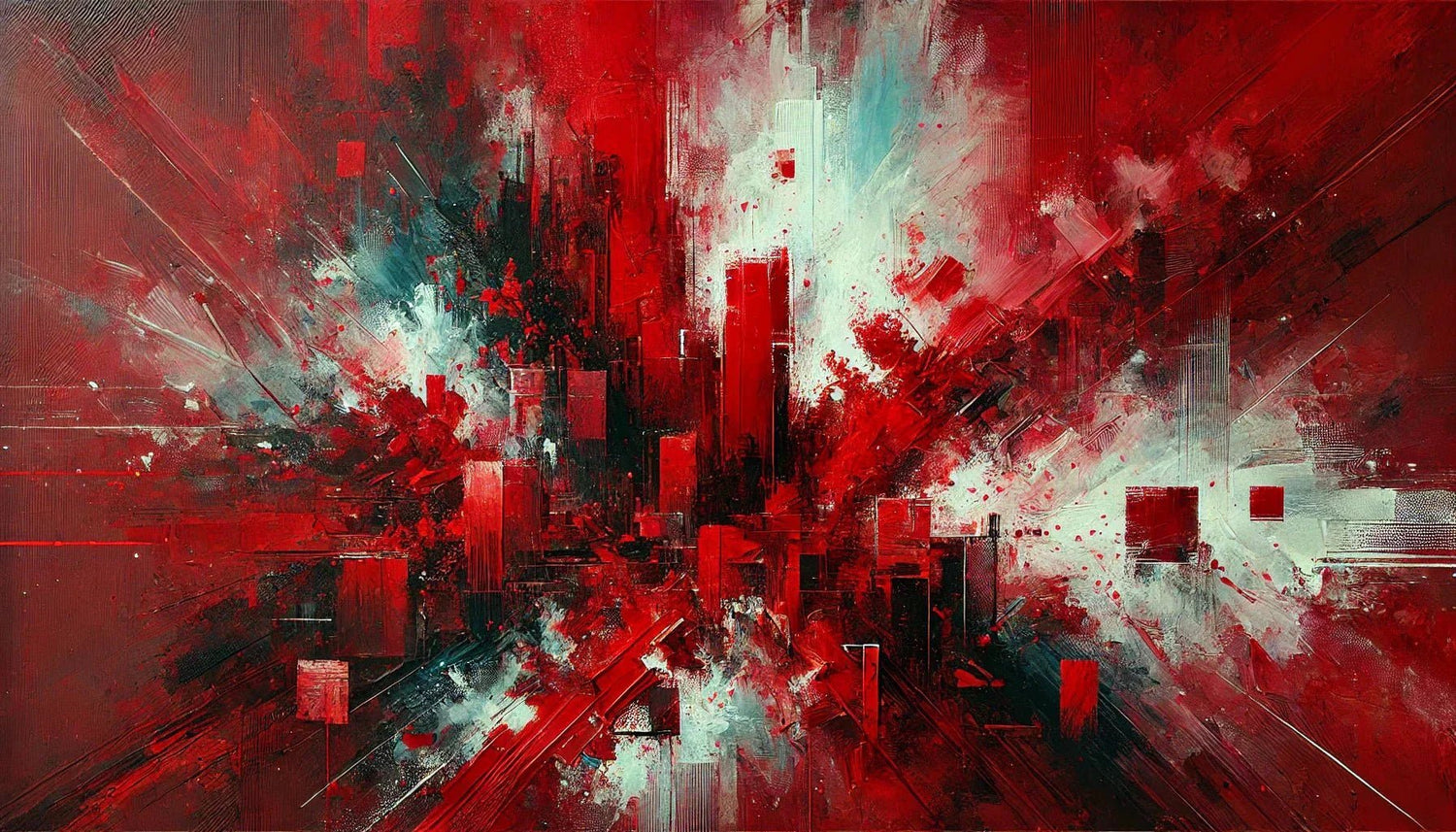 Œuvre d'art abstraite rouge expressive avec des textures riches et des nuances intenses, illustrant la puissance et l’énergie du rouge dans l’art contemporain.