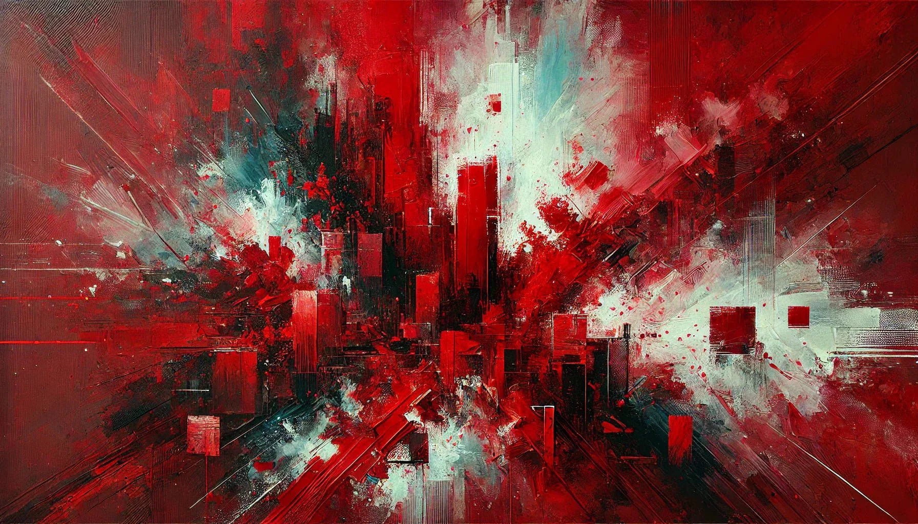 Œuvre d'art abstraite rouge expressive avec des textures riches et des nuances intenses, illustrant la puissance et l’énergie du rouge dans l’art contemporain.