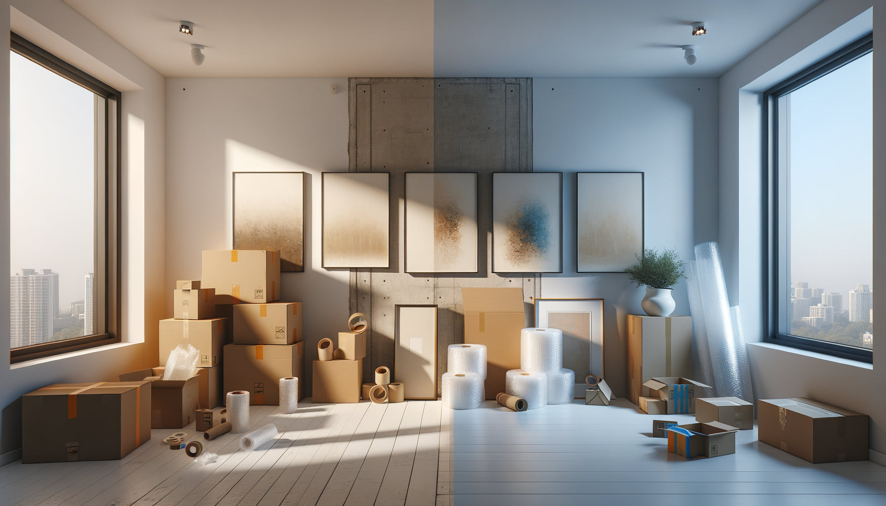 Scène de déménagement contemporain montrant des œuvres d'art emballées près de murs blancs vierges et leur adaptation réussie
