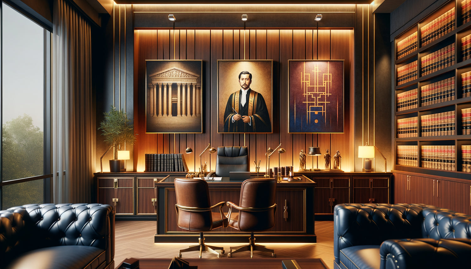 Mur de cabinet d'avocat avec œuvres d'art stratégiques : architecture classique, portrait judiciaire et abstraction géométrique