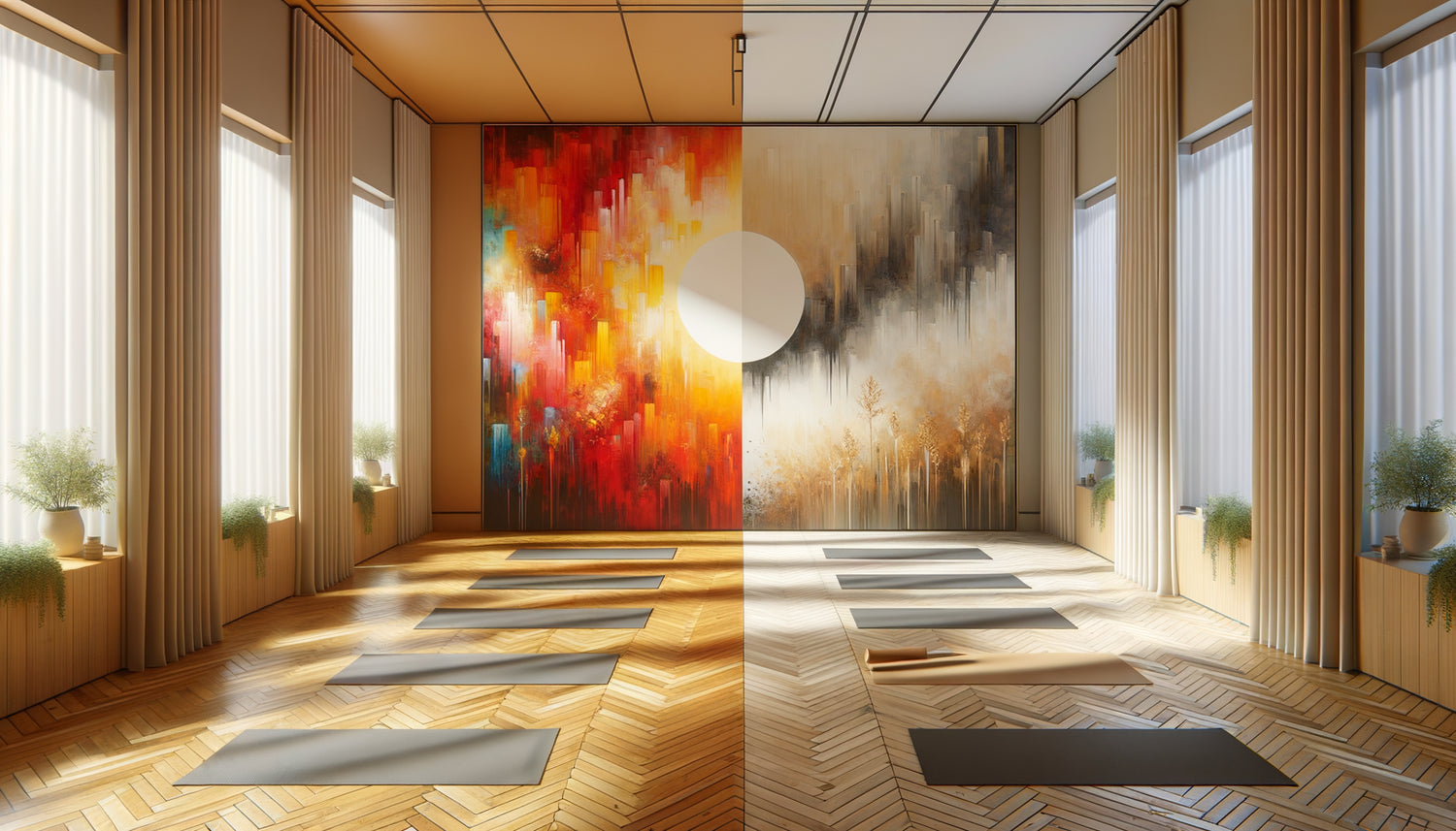 Comparaison salle de yoga avec œuvres colorées stimulantes versus décoration neutre apaisante pour yoga restauratif