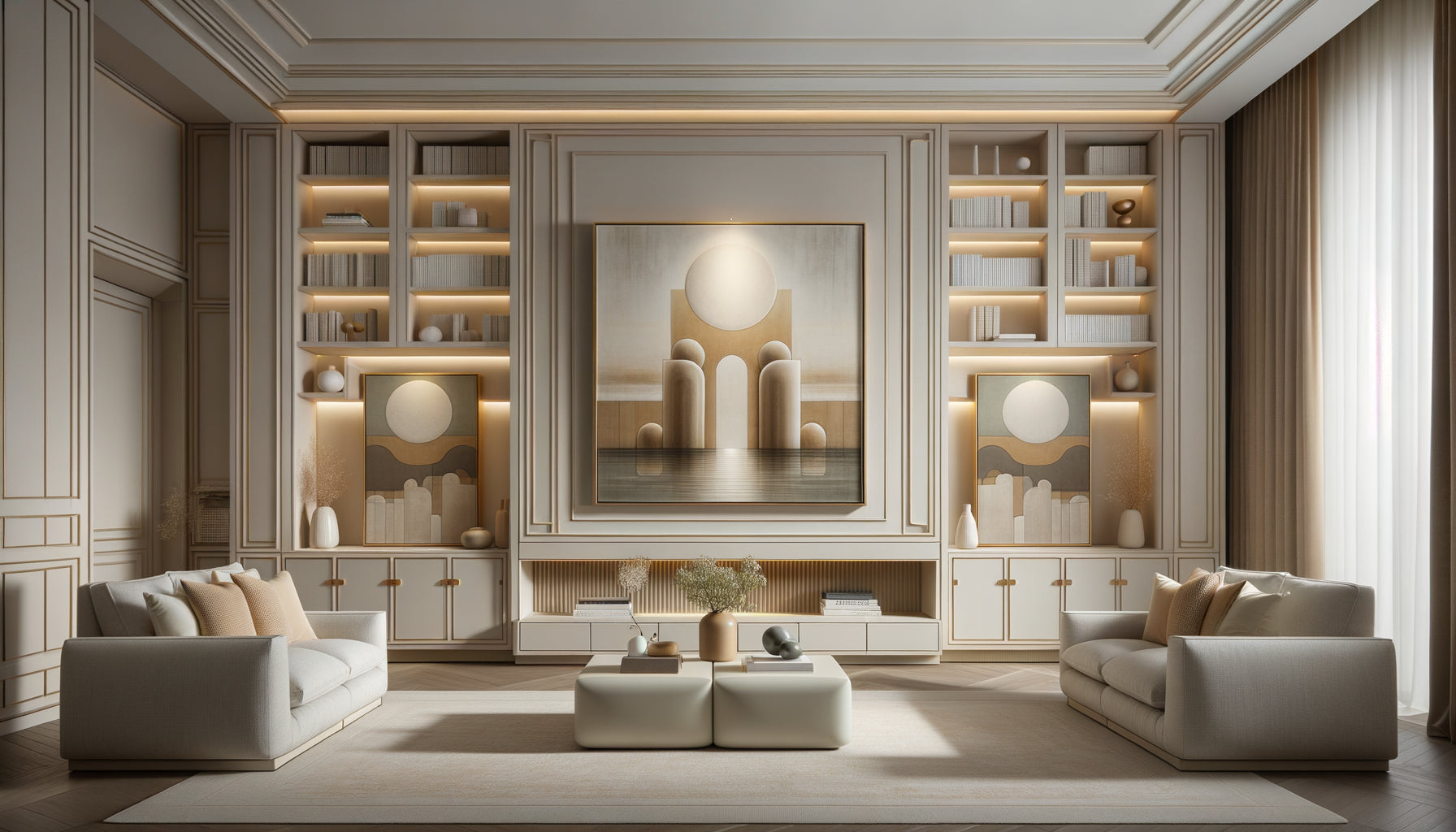 Intérieur contemporain sophistiqué avec bibliothèque centrale encadrée de deux œuvres en diptyque symétriques créant un équilibre visuel harmonieux