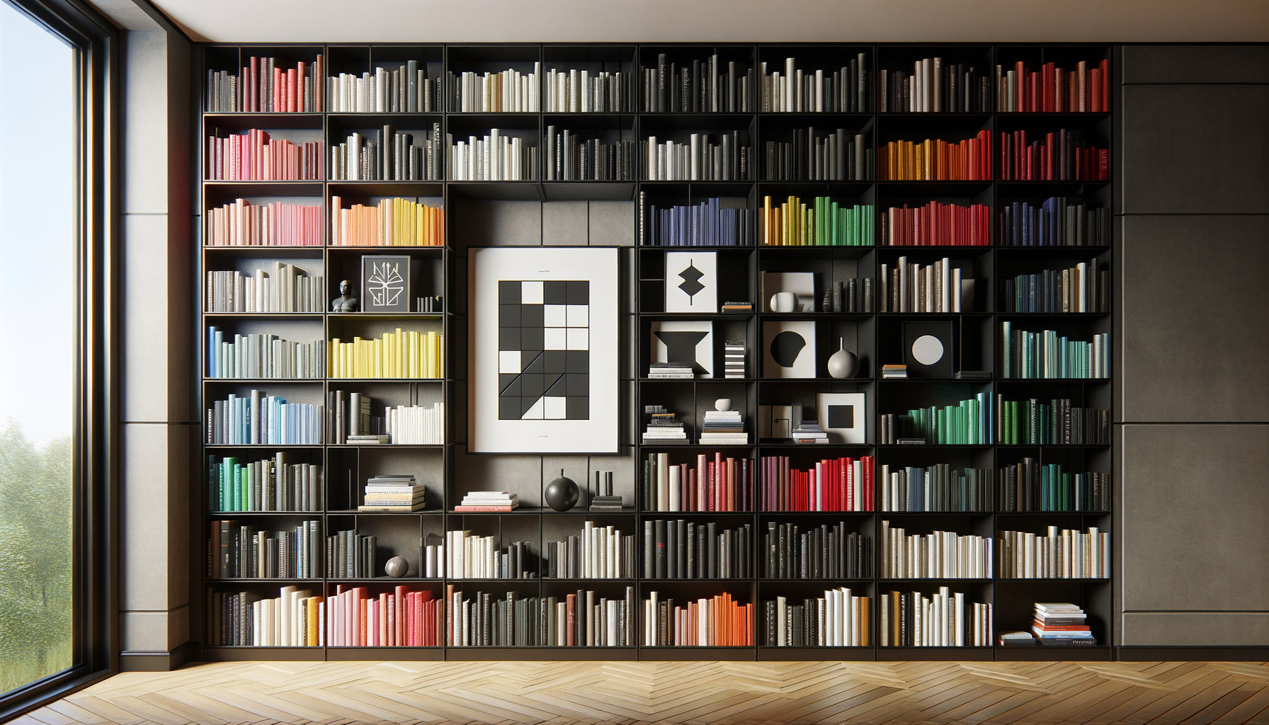 Bibliothèque contemporaine avec œuvres minimalistes noir et blanc créant des respirations visuelles entre livres colorés