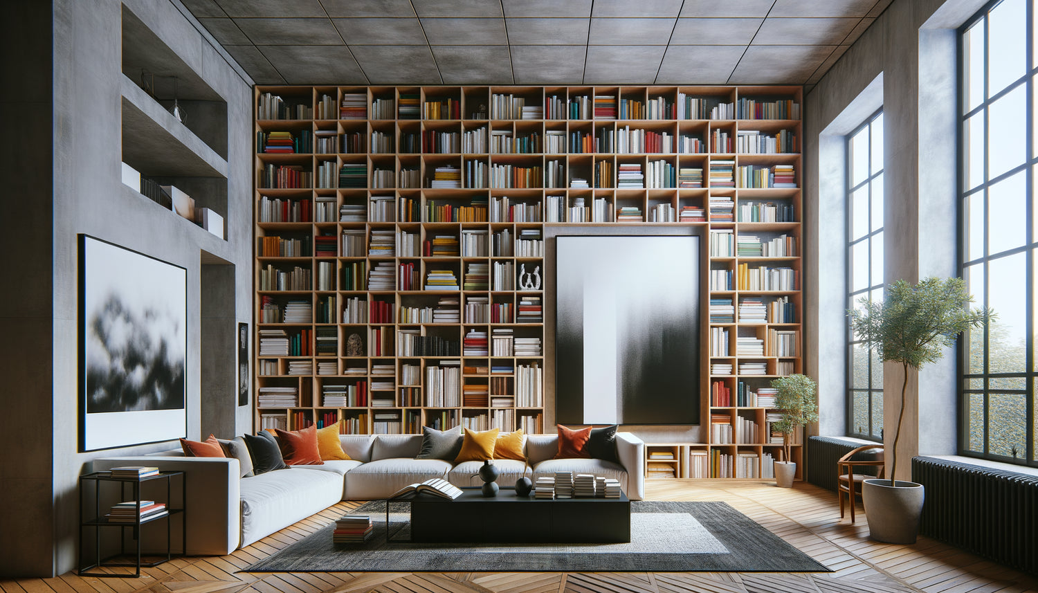 Salon bibliothèque contemporain saturé de livres colorés avec grandes œuvres en noir et blanc créant respiration visuelle et illusion d'espace