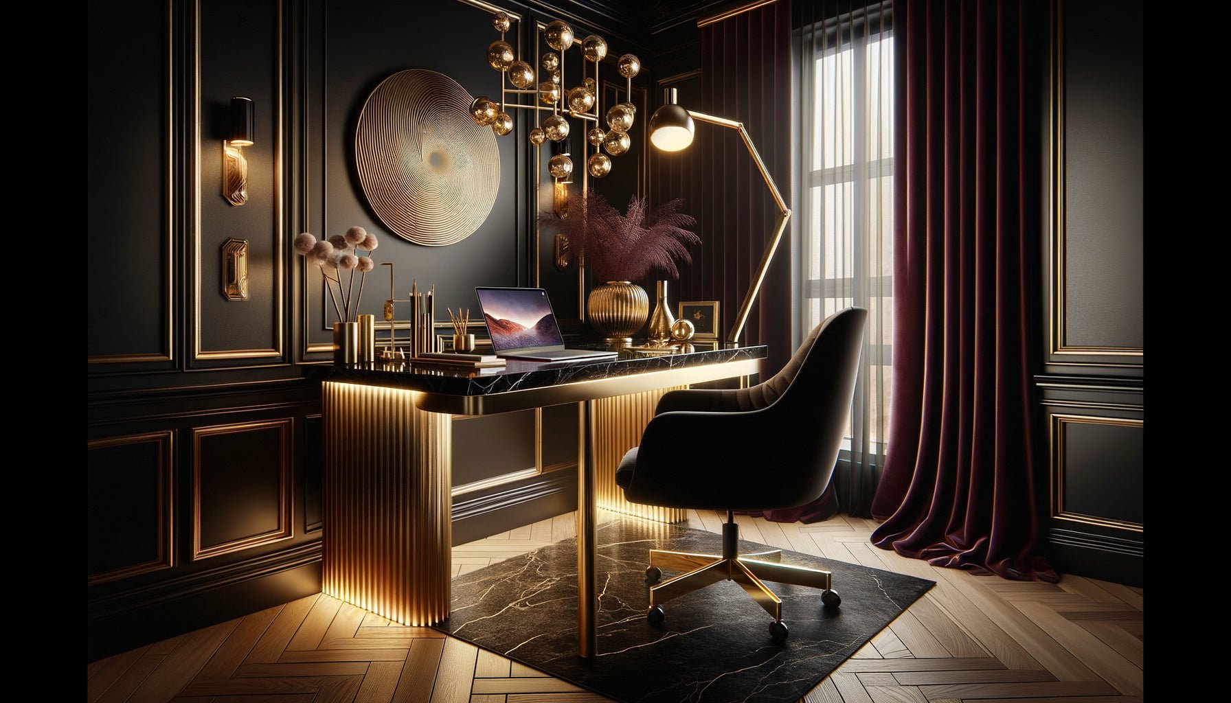 Bureau à domicile moderne décoré selon la tendance Office Siren Aesthetic 2025 avec chaise en velours noir, accessoires dorés, éclairage sophistiqué et ambiance glamour contemporaine