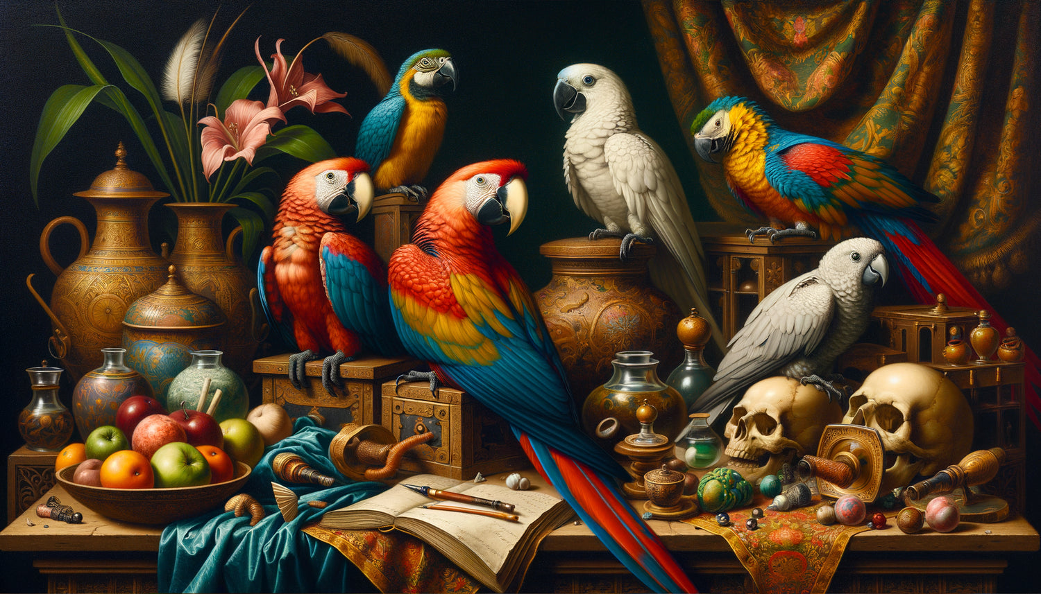 Peinture flamande Renaissance années 1520 représentant des oiseaux exotiques : perroquet ara, cacatoès et toucan, style naturaliste détaillé