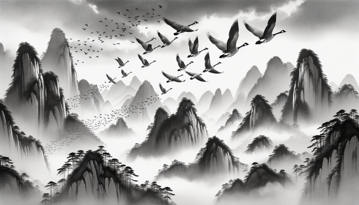 Peinture à l'encre dynastie Song montrant oies sauvages en vol au-dessus de montagnes brumeuses, style monochrome naturaliste et contemplatif