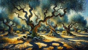 Peinture post-impressionniste d'oliviers de Provence aux troncs tourmentés, lumière méditerranéenne intense, style Van Gogh et Cézanne
