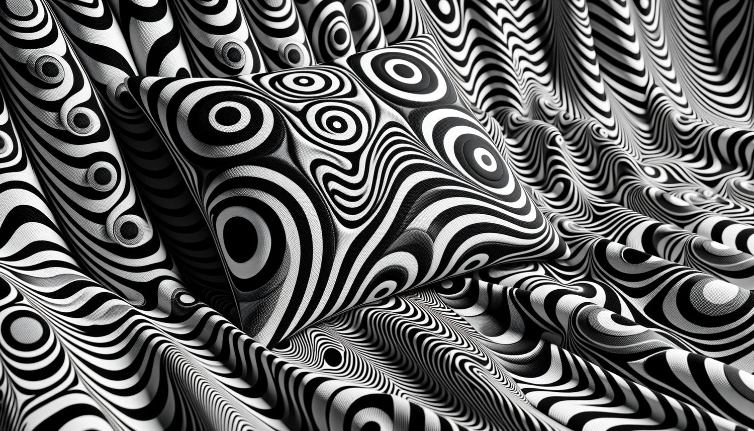 Motifs textiles Op Art années 1960 style Vasarely et Riley, illusions géométriques hypnotiques noir et blanc sur tissus d'intérieur