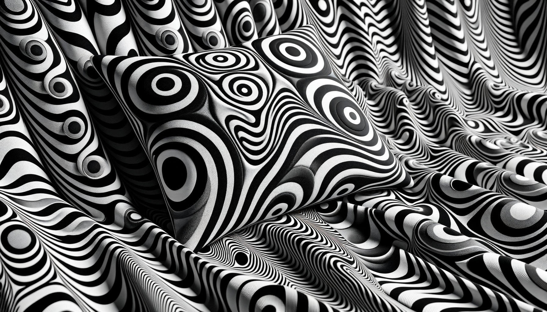 Motifs textiles Op Art années 1960 style Vasarely et Riley, illusions géométriques hypnotiques noir et blanc sur tissus d'intérieur