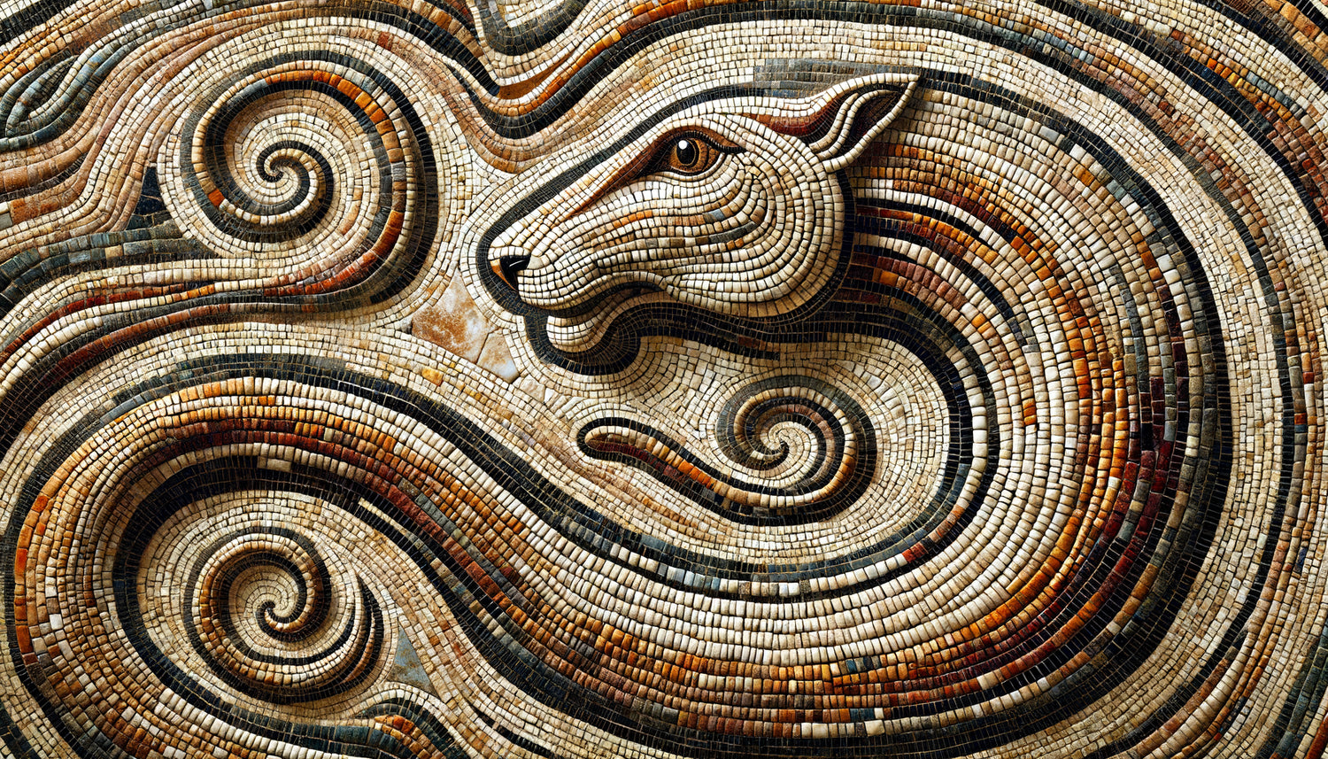 Gros plan d'une mosaïque romaine antique en opus vermiculatum montrant des tesselles minuscules disposées en lignes sinueuses