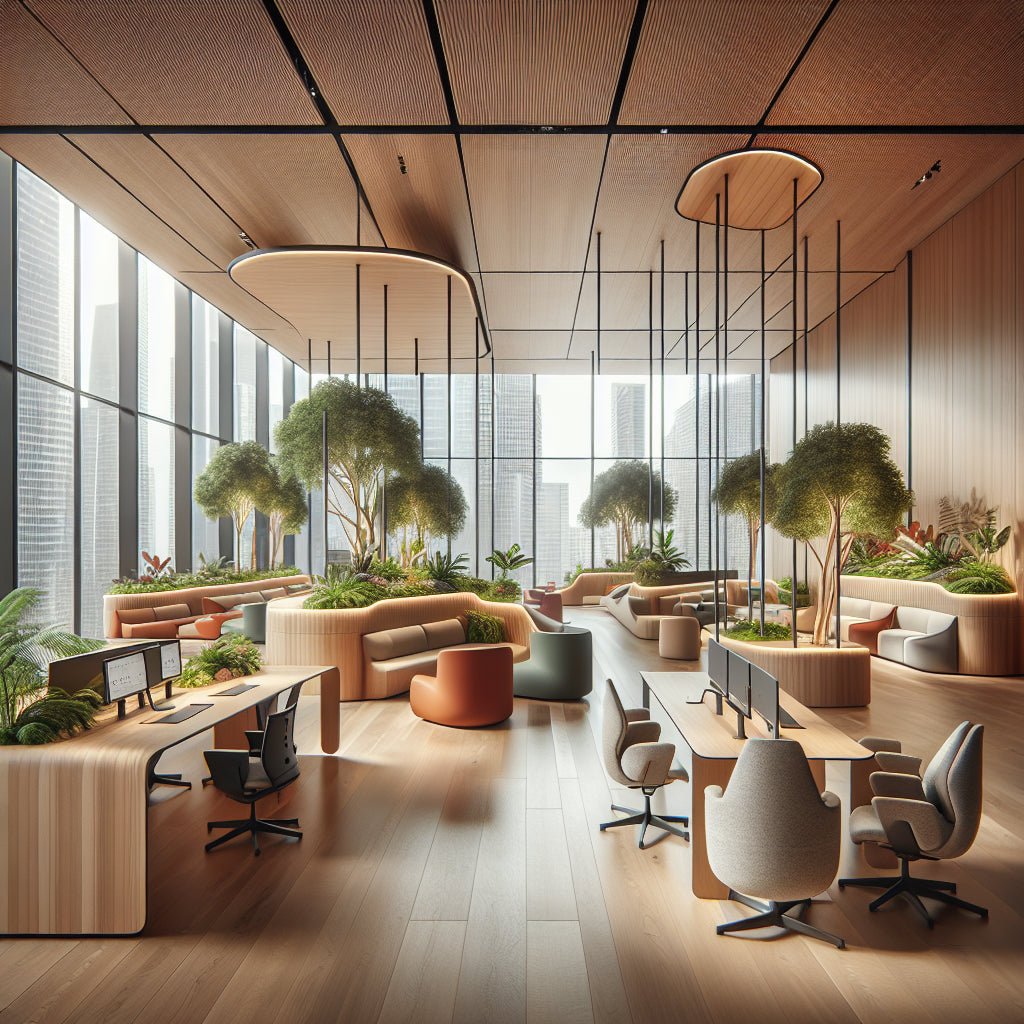 Espace de travail hybride moderne avec mobilier modulaire et elements biophiles au salon Orgatec 2025