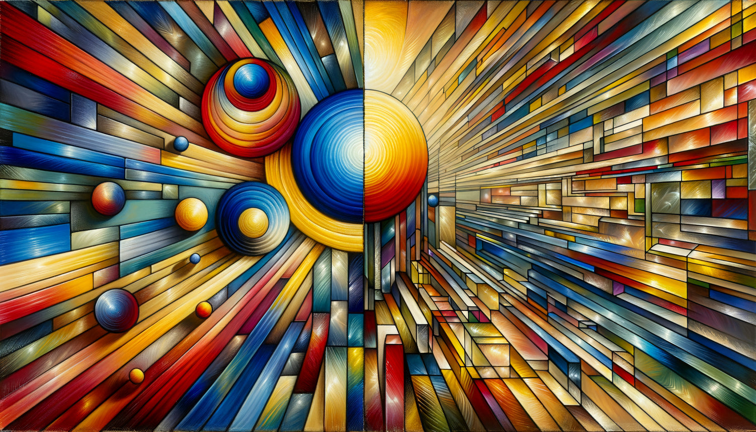 Comparaison visuelle entre l'Orphisme de Delaunay avec cercles colorés et le Rayonnisme russe avec faisceaux lumineux diagonaux, début 20ème siècle