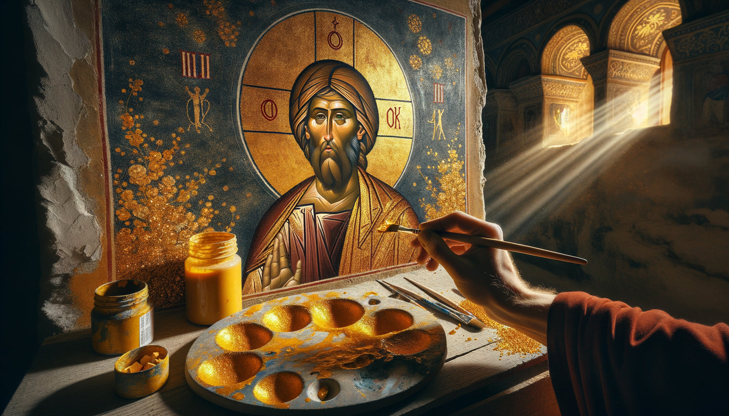 Application de pigment jaune orpiment toxique sur fresque byzantine médiévale avec auréole dorée du Christ Pantocrator