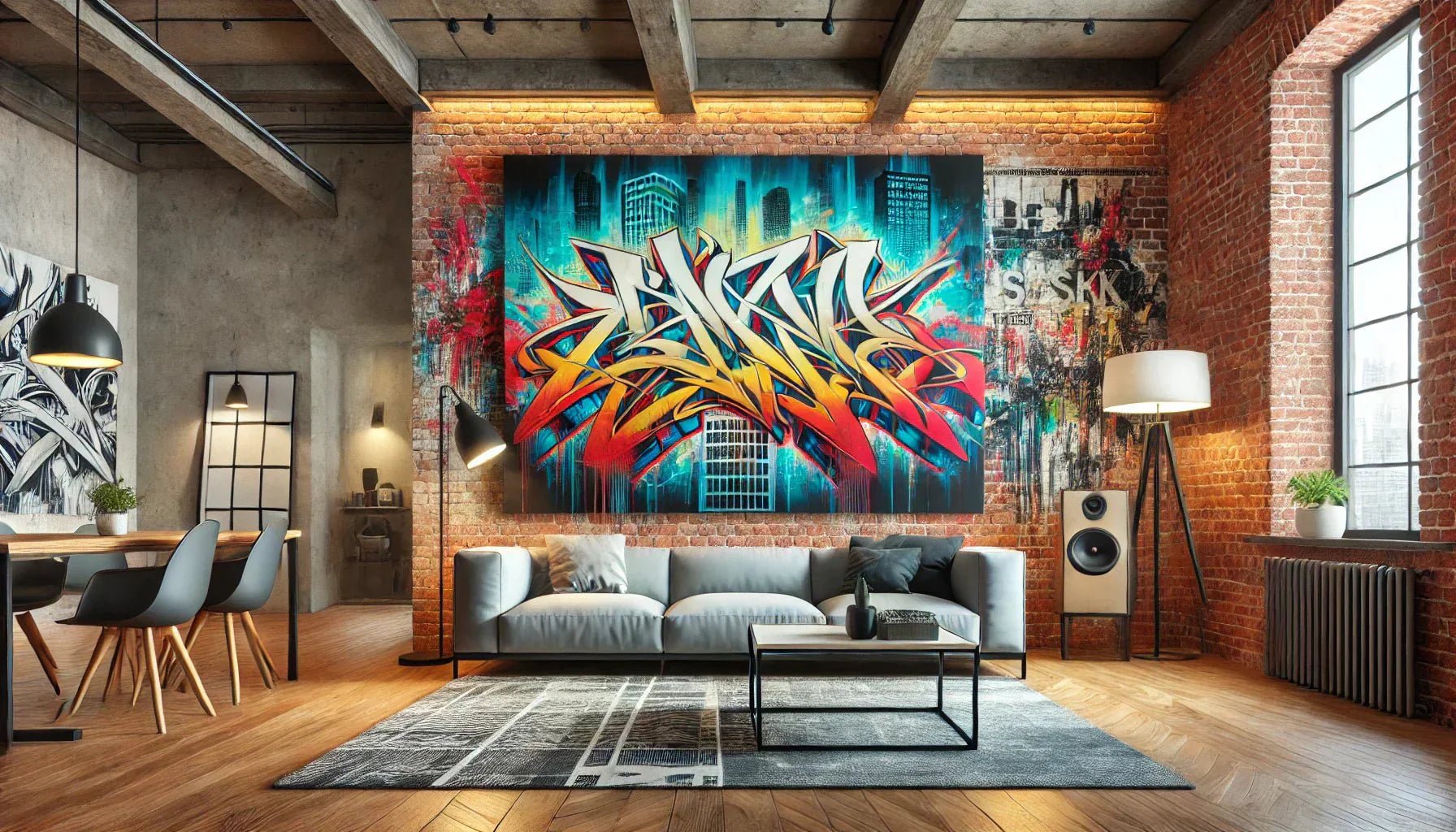 Tableau street art pour salon moderne avec une œuvre colorée inspirée du graffiti urbain, accroché sur un mur en béton dans une décoration contemporaine.