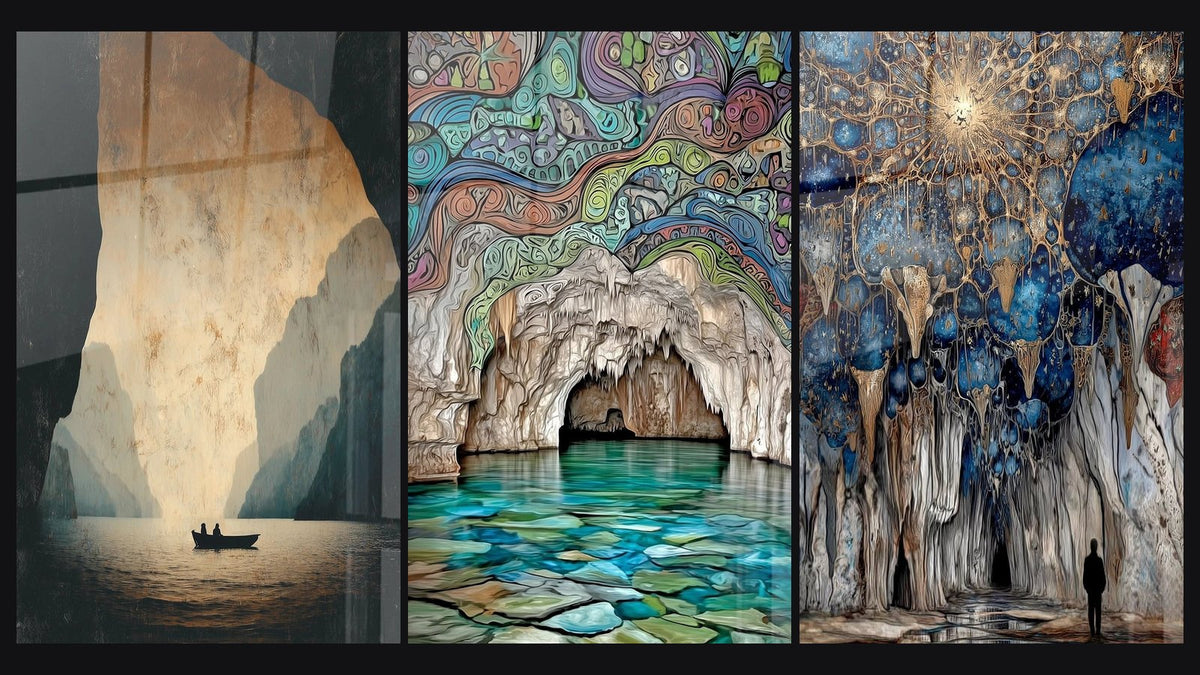 Mosaico di tre quadri: Barca in Tavola nella Grotta Marina, Grotte Marine Psichedeliche e Cattedrale Sotterranea Luminosa