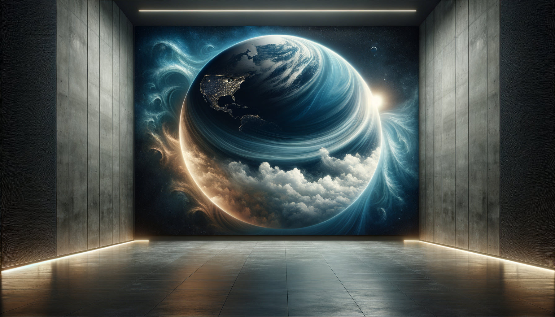 Art mural contemporain représentant l'Overview Effect avec la Terre vue depuis l'espace, horizon bleu lumineux et cosmos infini