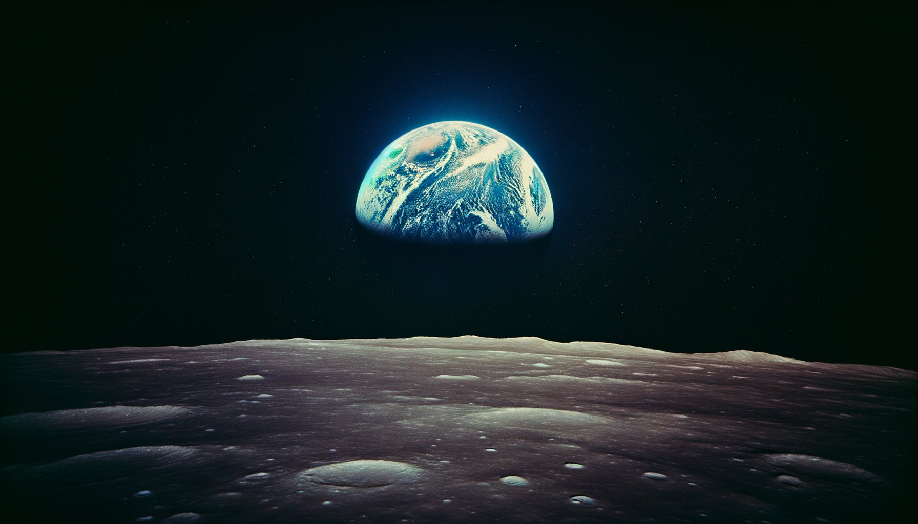 La Terre vue depuis la Lune dans le style iconique de la photo Earthrise de 1968, évoquant l'Overview Effect
