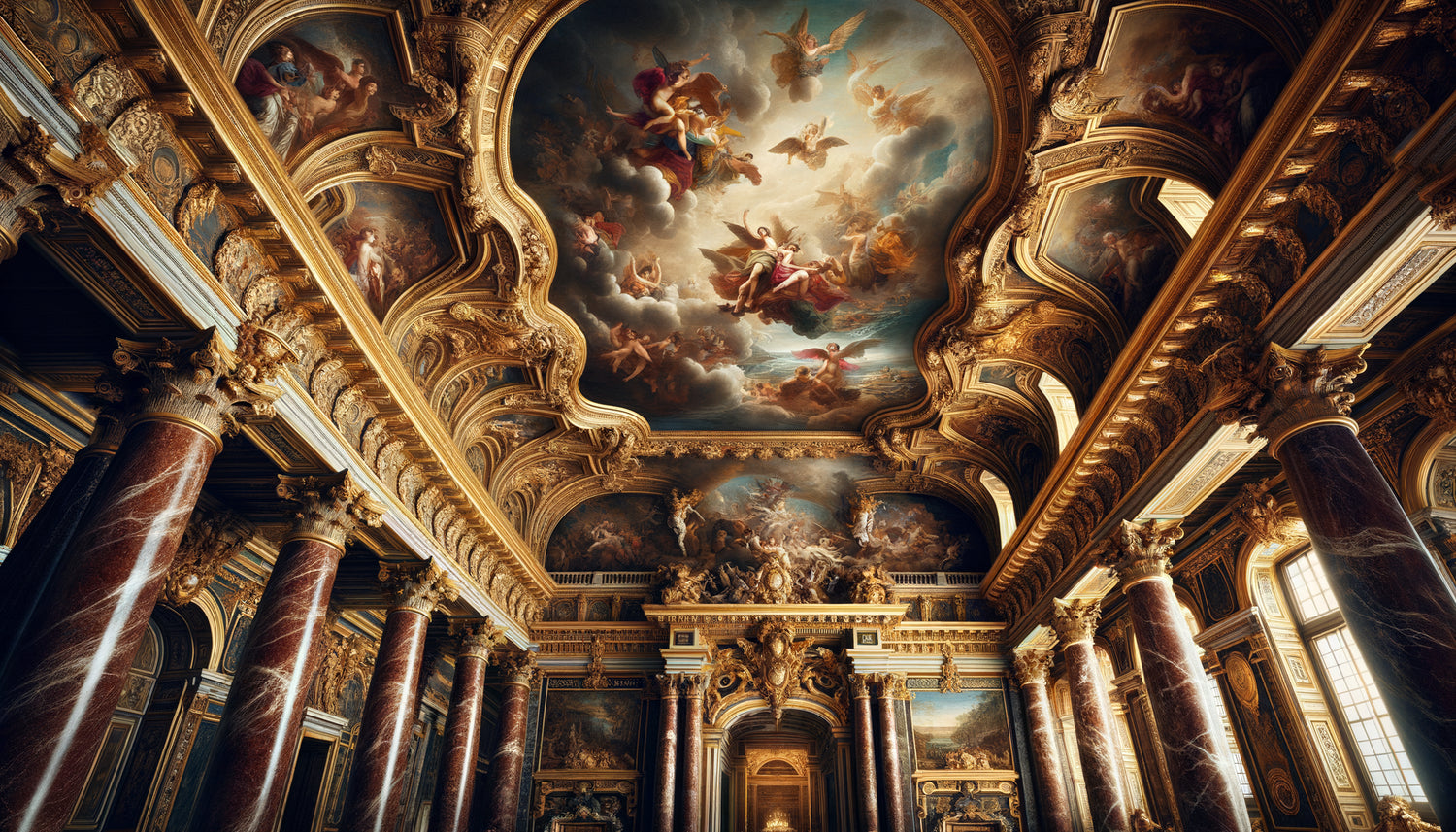 Intérieur somptueux de palais baroque du 17ème siècle avec fresques figuratives mythologiques, tapisseries narratives et ornements dorés symboliques