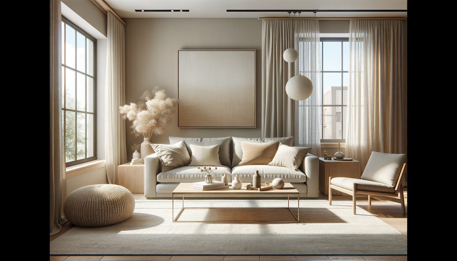 Salon Airbnb moderne avec palette de couleurs neutres beiges et taupe, design épuré et accueillant