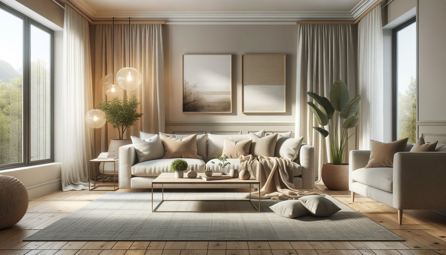 Salon Airbnb moderne avec palette de couleurs neutres comprenant canapé beige, murs crème et décorations minimalistes