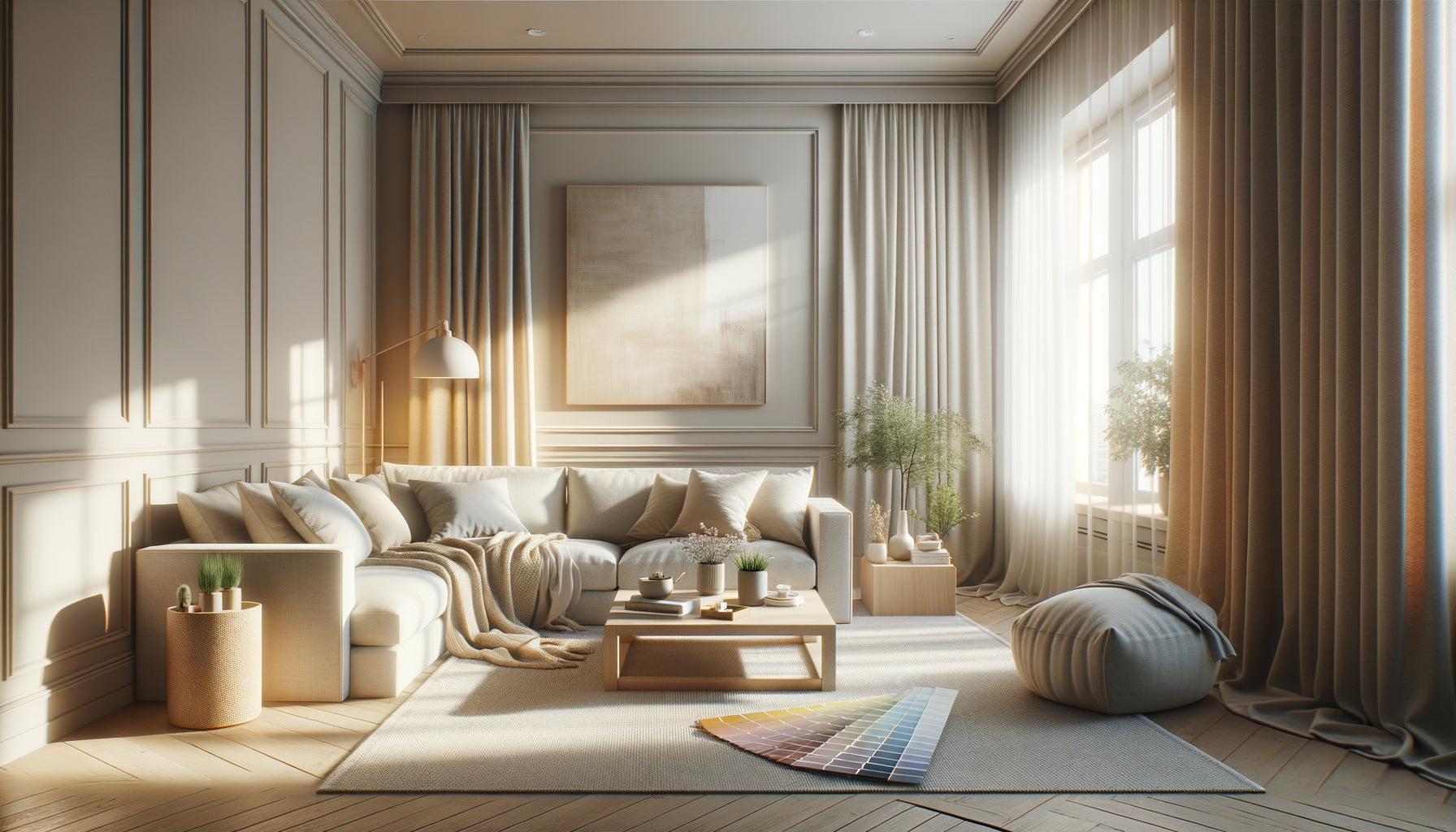 Intérieur d'Airbnb moderne avec palette de couleurs neutres harmonieuses : beige, crème et gris doux avec échantillons de peinture