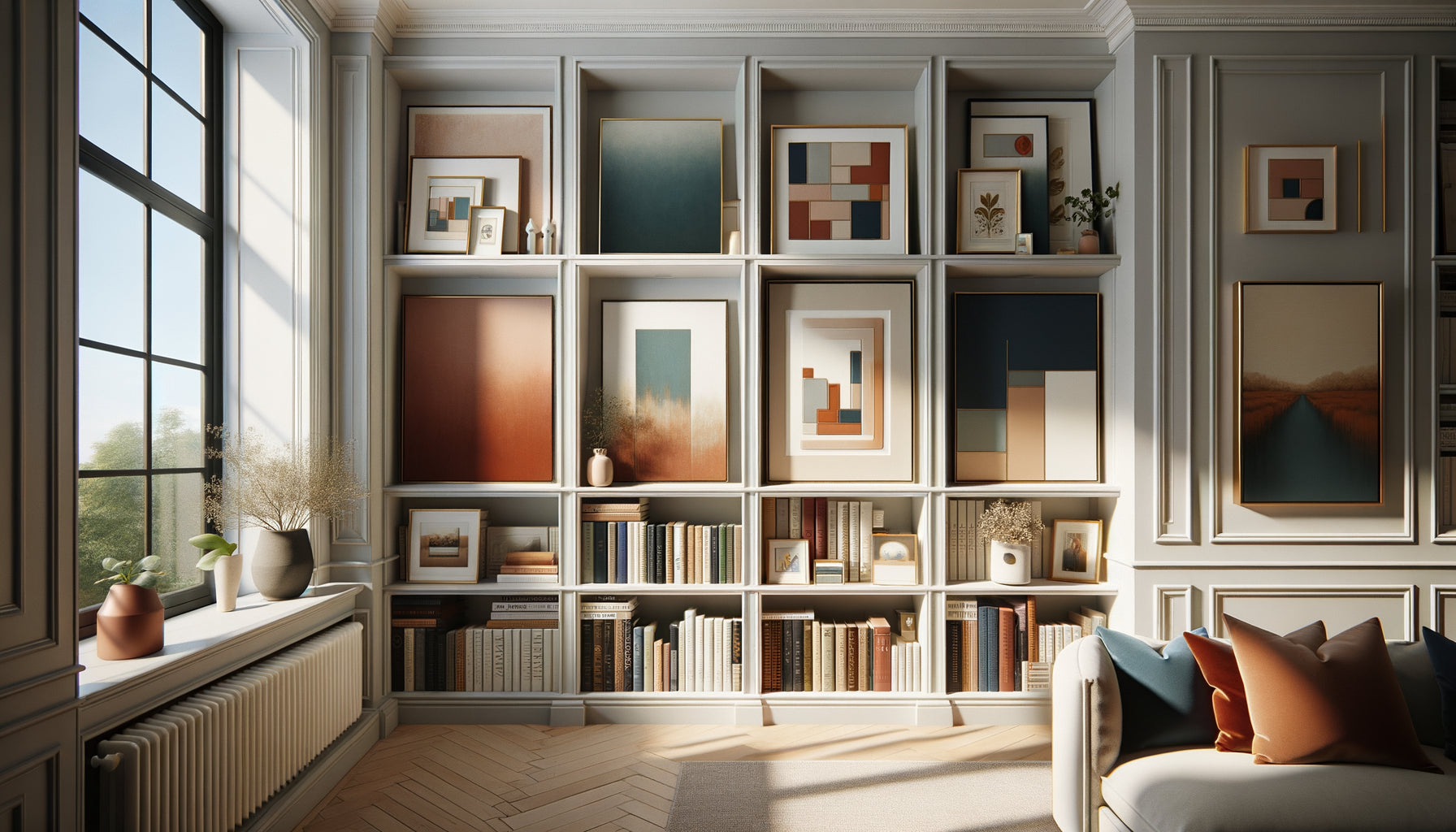 Bibliothèque contemporaine avec œuvres d'art coordonnées selon palette chromatique unificatrice terracotta, bleu marine et crème