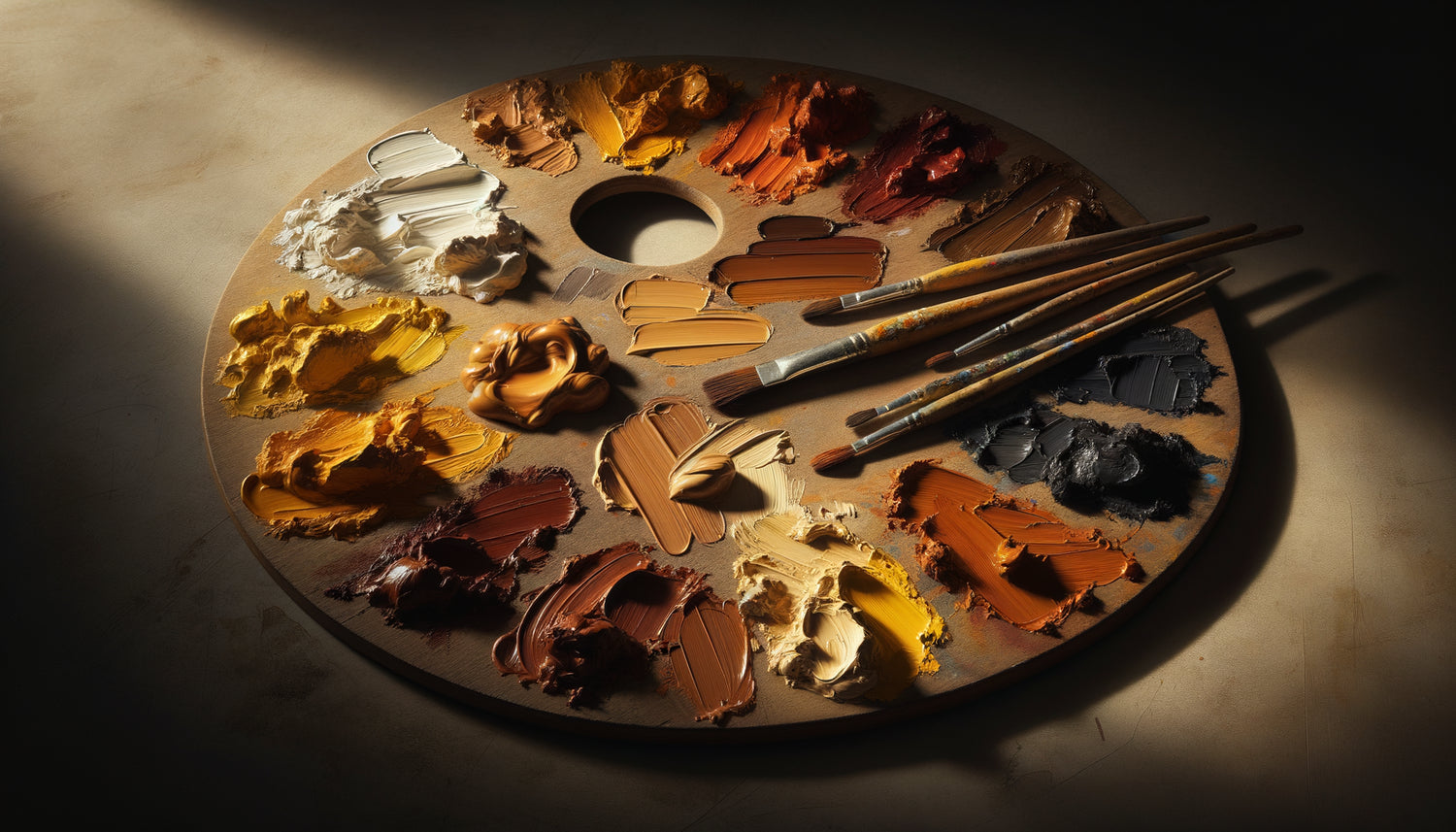 Palette de peinture traditionnelle avec pigments minéraux terre naturels, ocres et terres de Sienne, technique des maîtres anciens