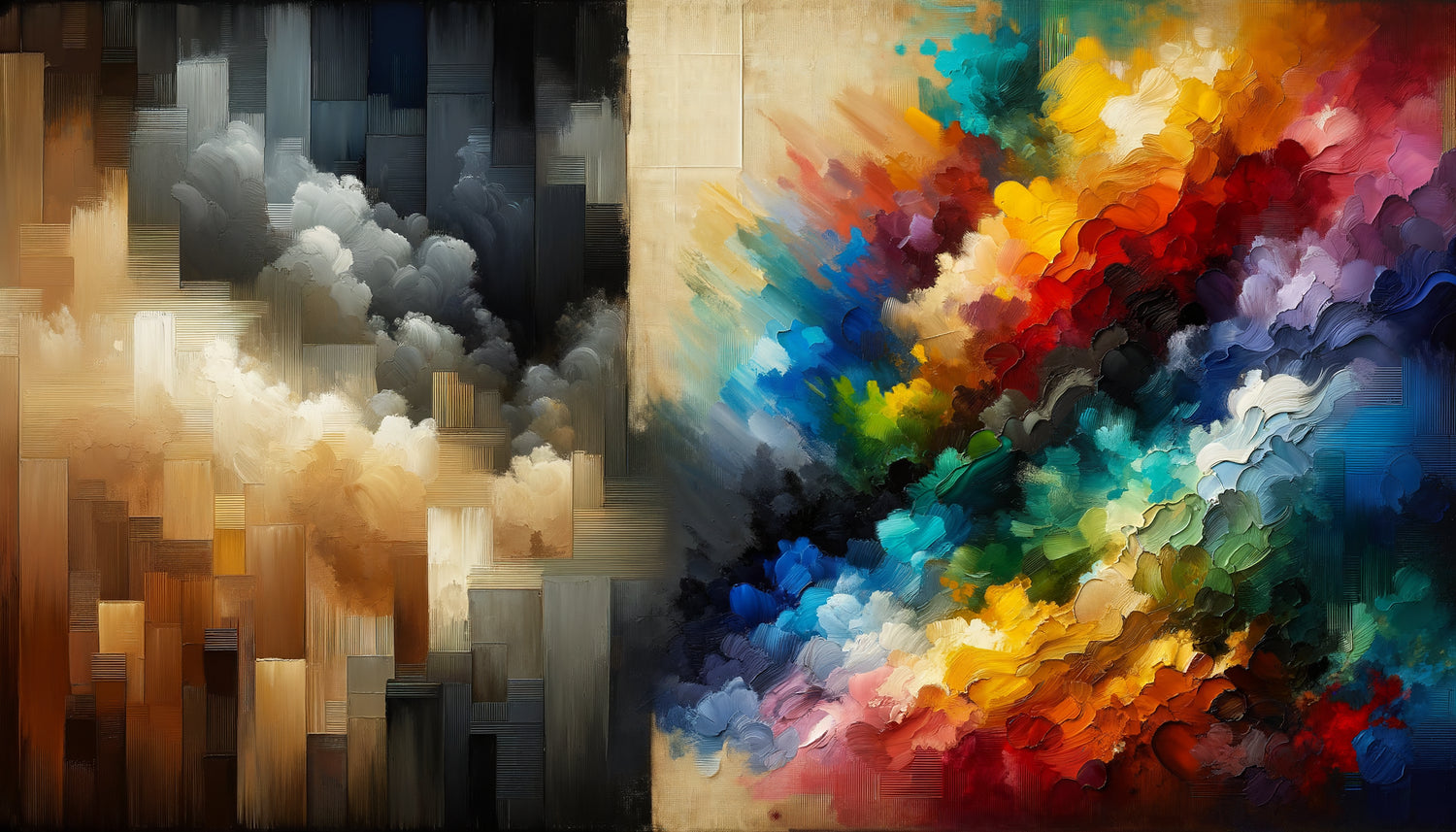 Peinture abstraite contemporaine contrastant palette restreinte minimaliste et palette étendue vibrante pour impact émotionnel différencié